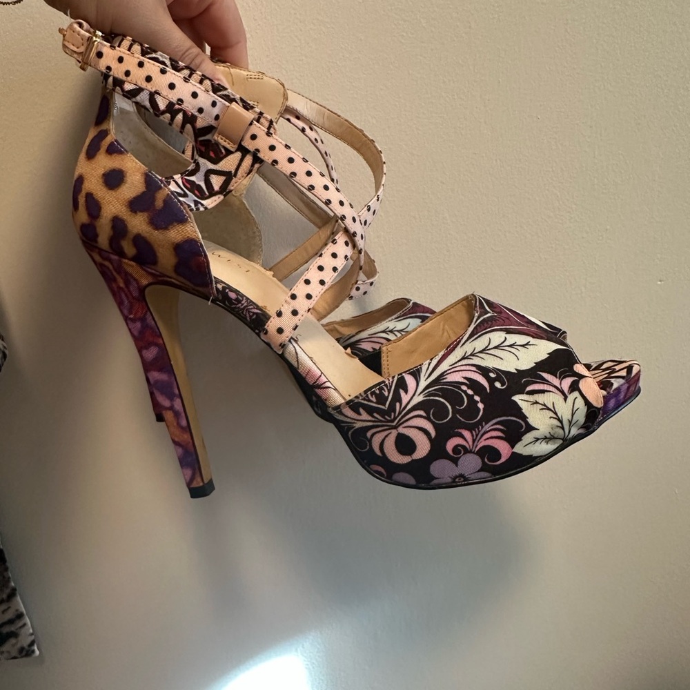 Nine West Floral & Animal Print Strappy High Heel Sandal - Black/Pink/Purple